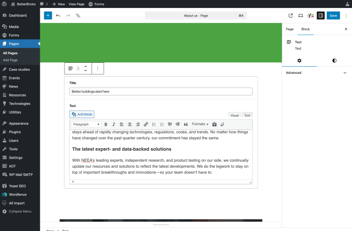 Wordpress editor's view for Betterbricks.